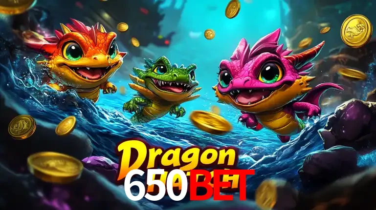 Arte promocional do jogo Dragon Hatch com três adoráveis dragões bebês nadando entre moedas de ouro, um dos slots mais divertidos para jogar no cassino 650BET.