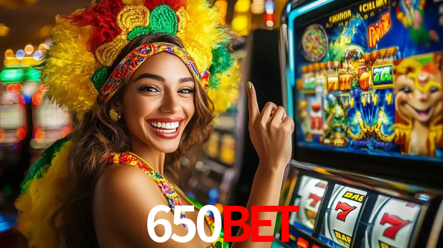 Mulher animada com um cocar de carnaval apontando para uma máquina de caça-níqueis, mostrando a emoção de ganhar um grande prêmio nos jogos do 650BET.