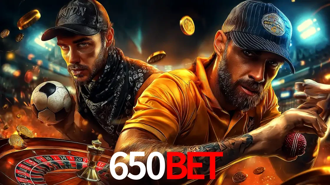 Montagem de apostas esportivas e cassino no 650BET, com um homem segurando uma bola de futebol e outro uma de beisebol sobre uma roleta e moedas voadoras.