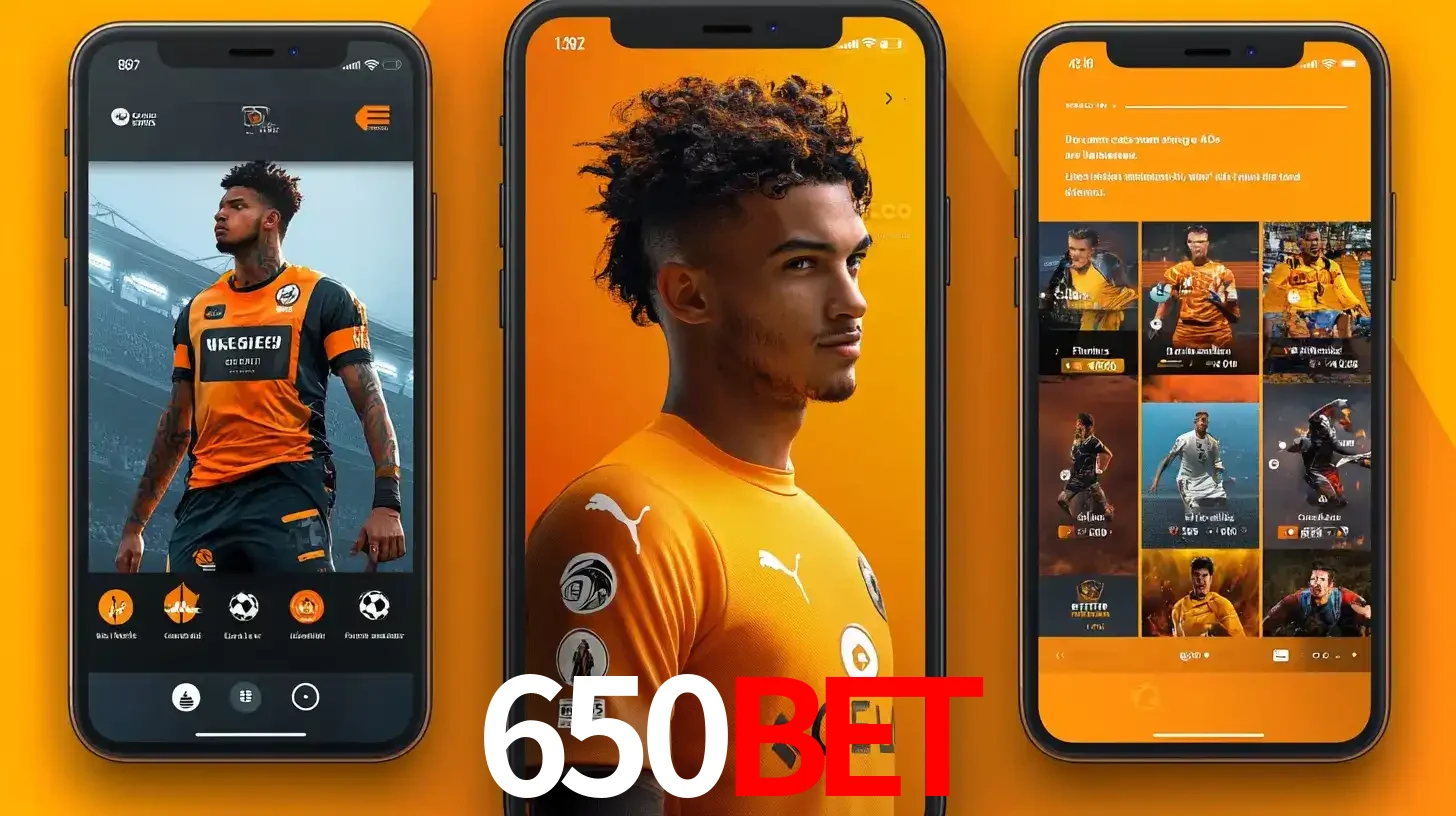 Interface do aplicativo de apostas esportivas 650BET em três telas de celular, mostrando o perfil de um jogador de futebol e a lista de jogos disponíveis para apostar.