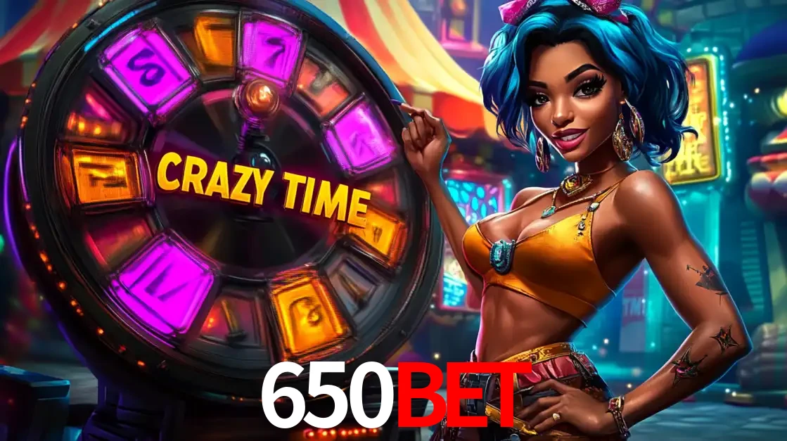 Mulher estilizada com cabelo azul e visual vibrante posando ao lado da roda de prêmios do game show Crazy Time, convidando para a diversão e os bônus do cassino 650BET.