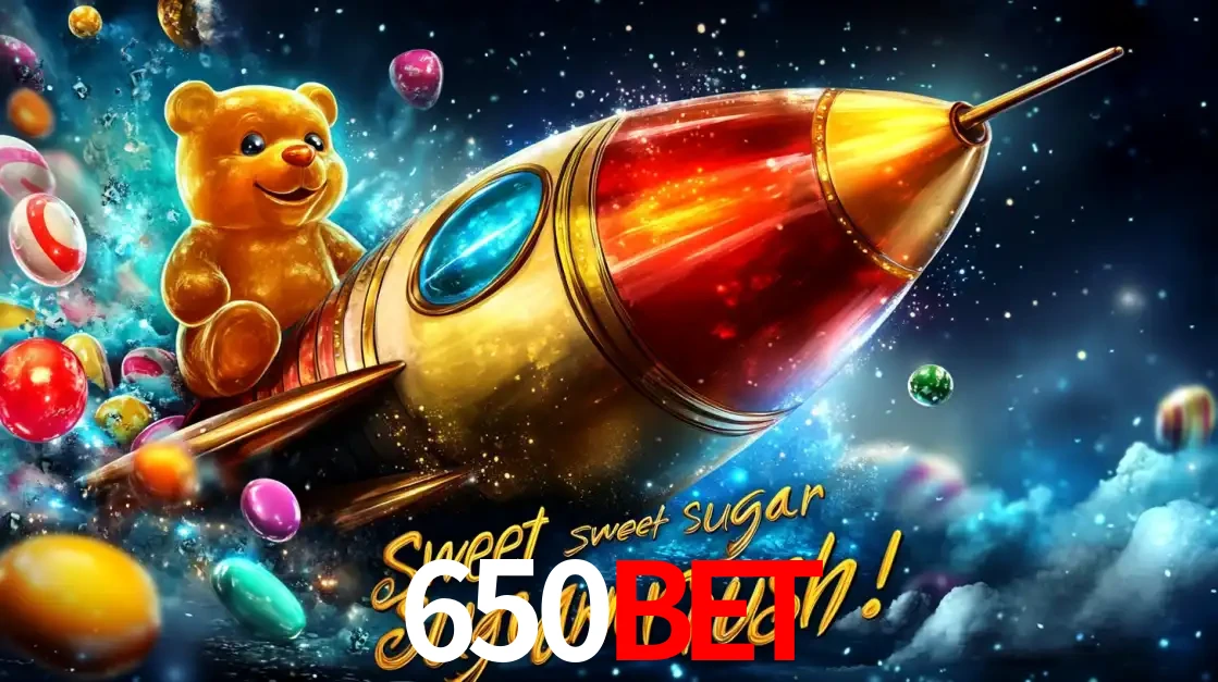 Arte promocional do jogo de slot Sugar Rush, com um urso de pelúcia em um foguete viajando pelo espaço de doces, um dos jogos divertidos disponíveis no cassino 650BET.