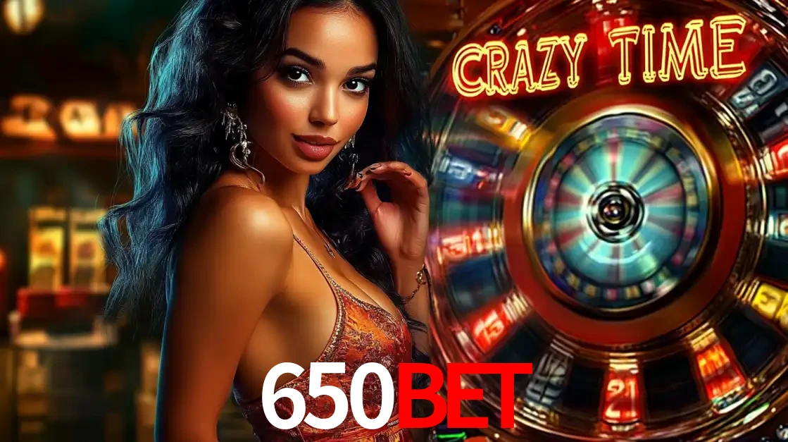 Mulher elegante ao lado da vibrante roda da fortuna do jogo de cassino ao vivo Crazy Time, um dos game shows mais populares e cheios de prêmios do 650BET.