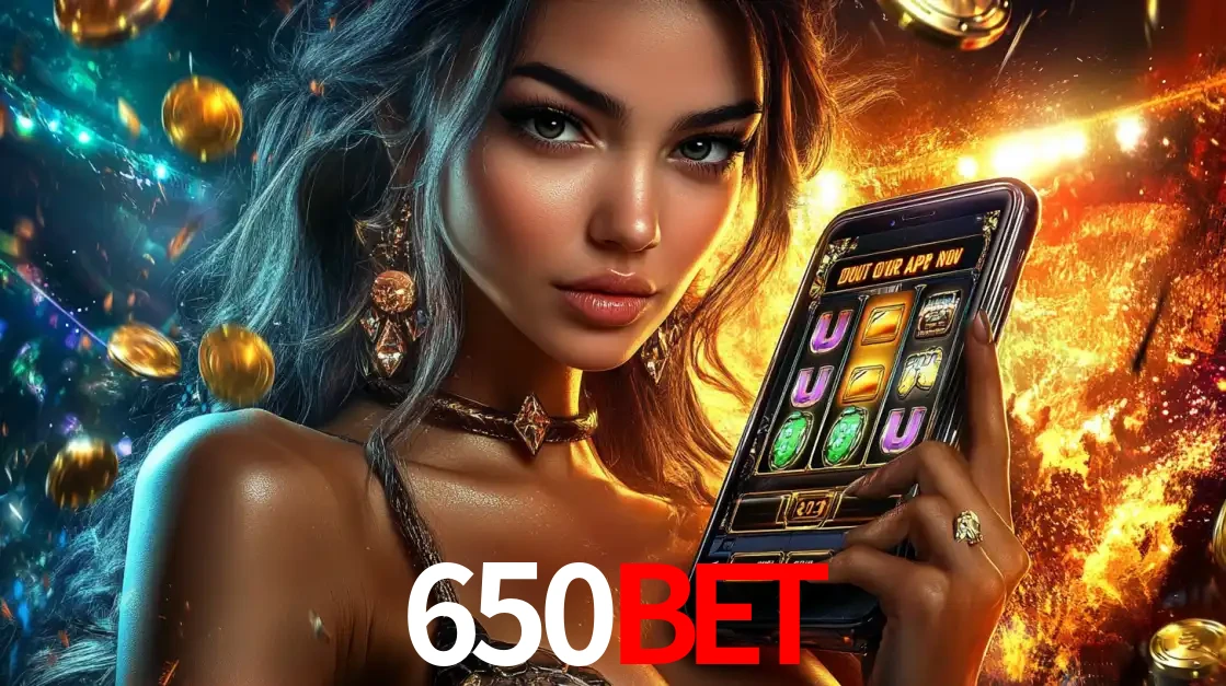 Mulher elegante mostrando um jogo de caça-níqueis em seu smartphone, destacando a experiência de cassino móvel oferecida pelo aplicativo 650BET.