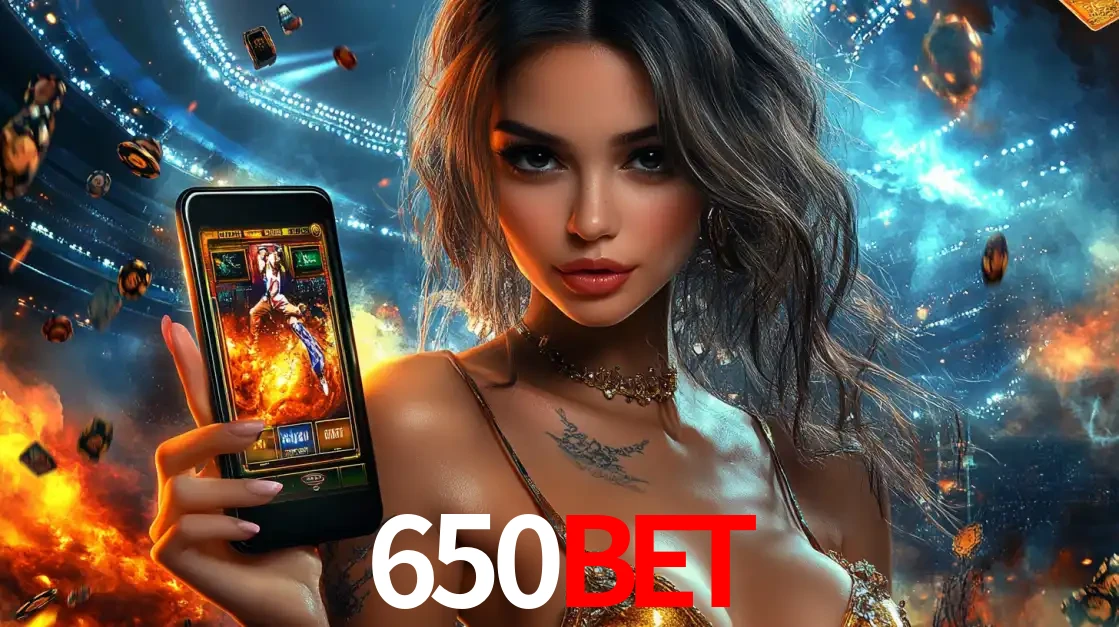 Mulher segurando um celular com um jogo de slot em destaque, tendo como fundo um estádio vibrante, simbolizando a emoção de jogar no cassino móvel 650BET.