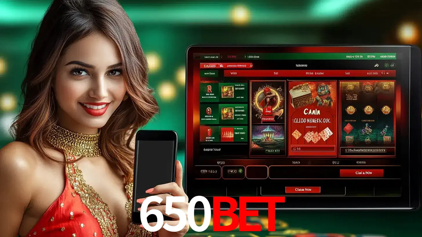 Mulher sorridente segurando um smartphone, ao lado de uma tela exibindo o lobby de jogos do cassino online 650BET, com várias opções de jogos de cartas e slots.